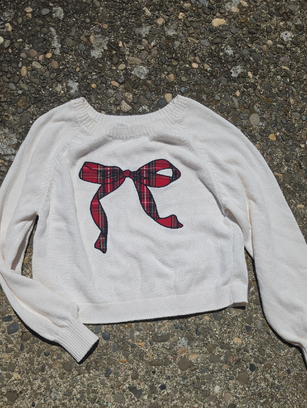 Hollister Cream Sweater with Red Plaid Bow